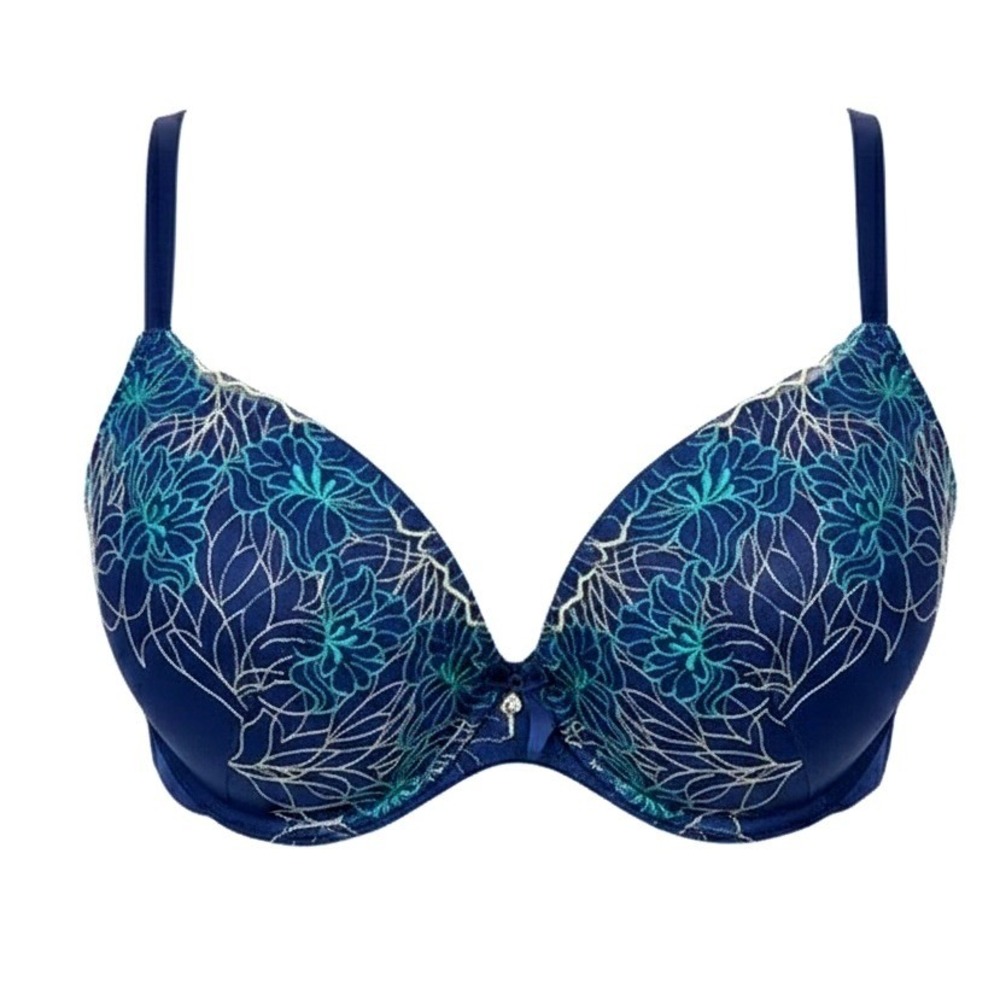 Cacique Balconette Bra 40DD Floral Lace‎ Underwire Blue Green Embroidered Lined